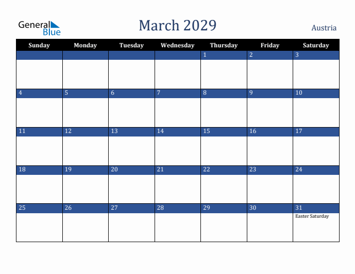 March 2029 Austria Calendar (Sunday Start)