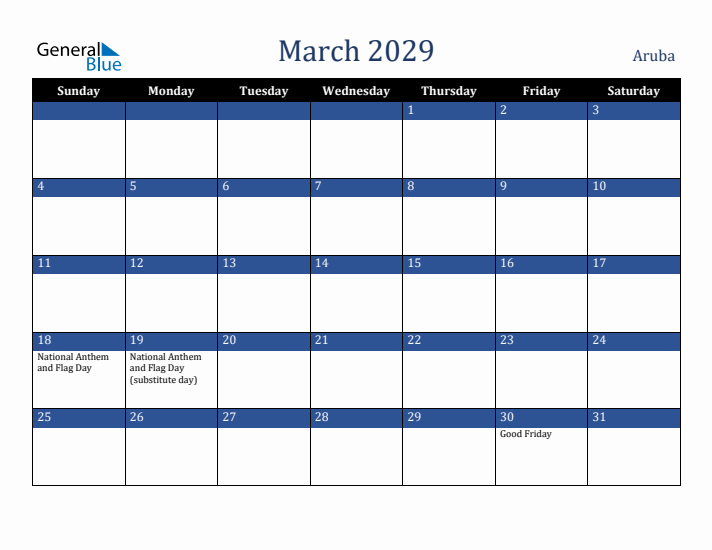 March 2029 Aruba Calendar (Sunday Start)