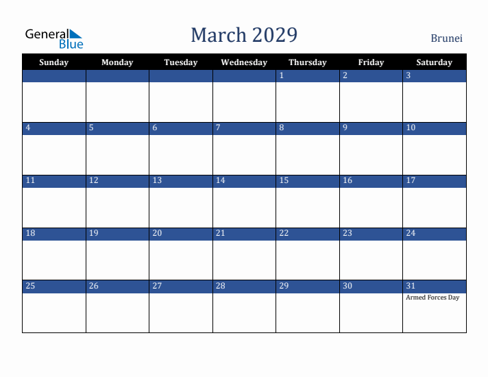 March 2029 Brunei Calendar (Sunday Start)