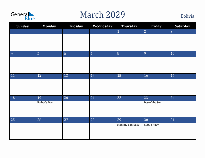 March 2029 Bolivia Calendar (Sunday Start)