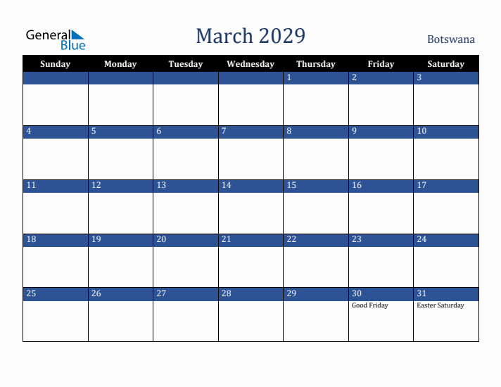 March 2029 Botswana Calendar (Sunday Start)