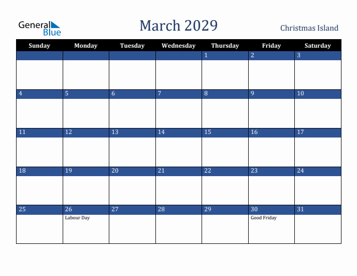 March 2029 Christmas Island Calendar (Sunday Start)