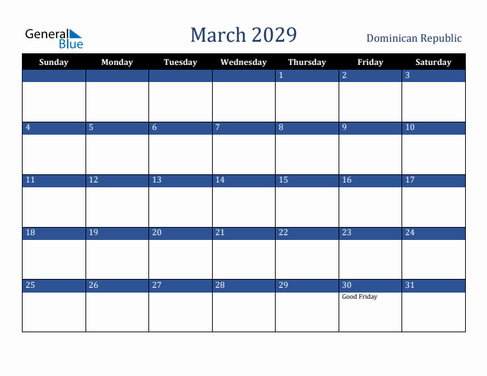 March 2029 Dominican Republic Calendar (Sunday Start)