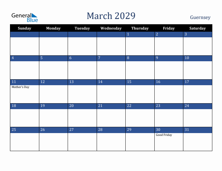 March 2029 Guernsey Calendar (Sunday Start)
