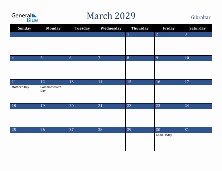 March 2029 Gibraltar Calendar (Sunday Start)