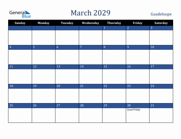 March 2029 Guadeloupe Calendar (Sunday Start)