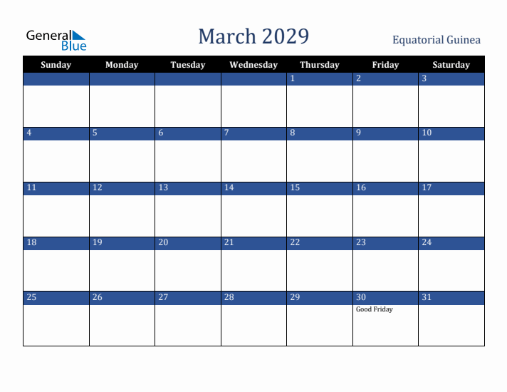 March 2029 Equatorial Guinea Calendar (Sunday Start)