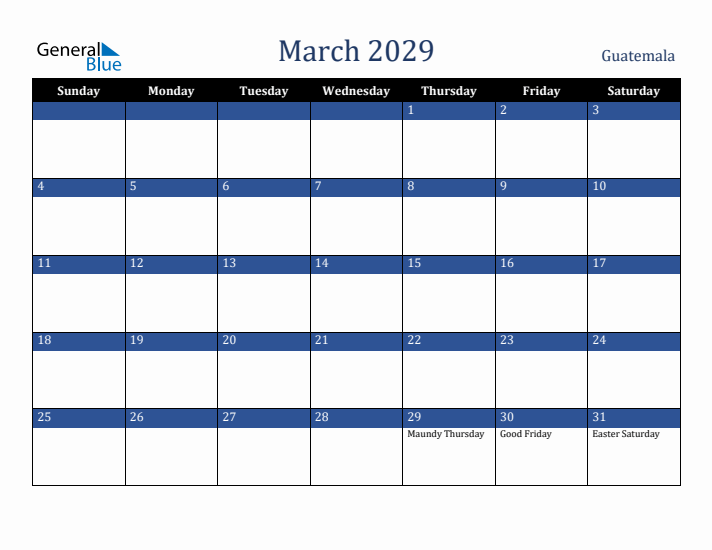 March 2029 Guatemala Calendar (Sunday Start)