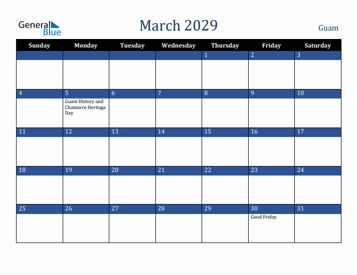 March 2029 Guam Calendar (Sunday Start)