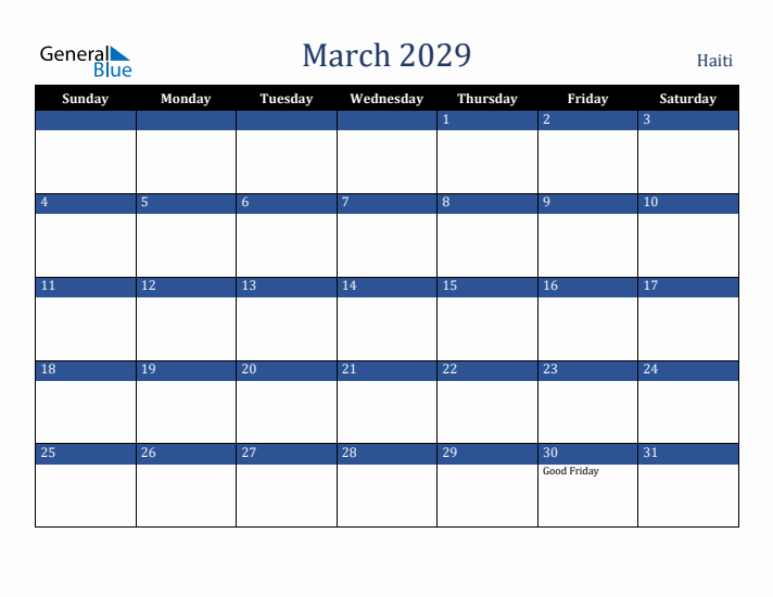 March 2029 Haiti Calendar (Sunday Start)