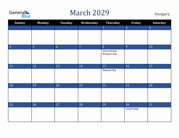 March 2029 Hungary Calendar (Sunday Start)
