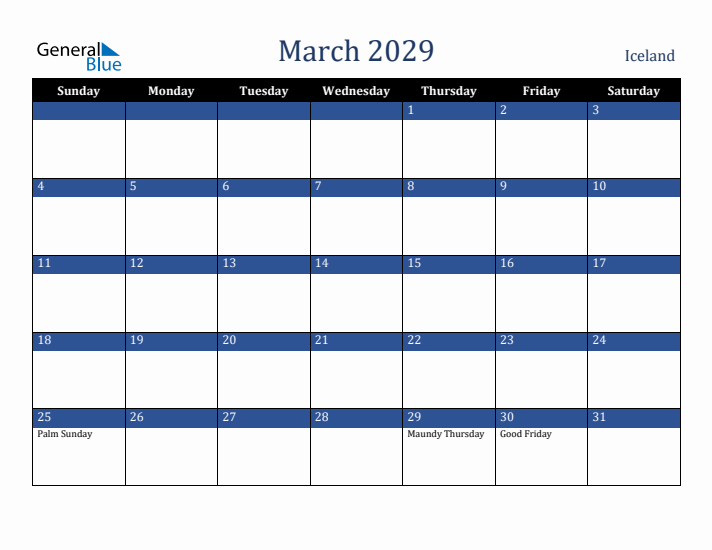 March 2029 Iceland Calendar (Sunday Start)