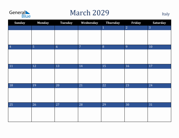 March 2029 Italy Calendar (Sunday Start)