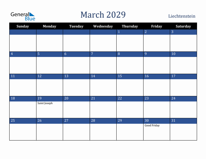 March 2029 Liechtenstein Calendar (Sunday Start)
