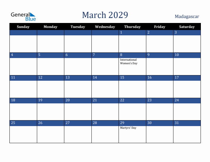 March 2029 Madagascar Calendar (Sunday Start)