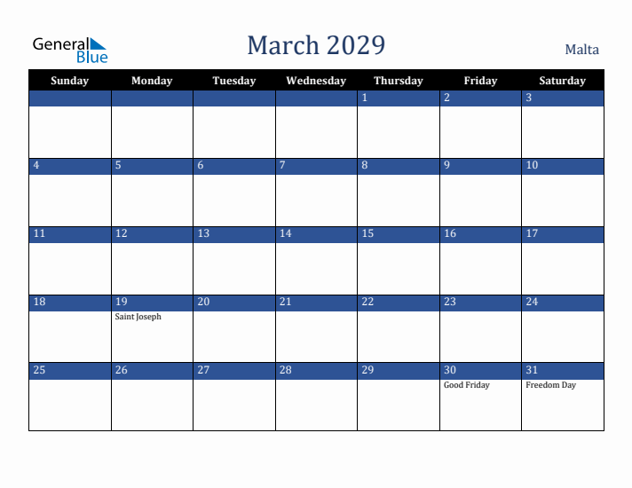 March 2029 Malta Calendar (Sunday Start)