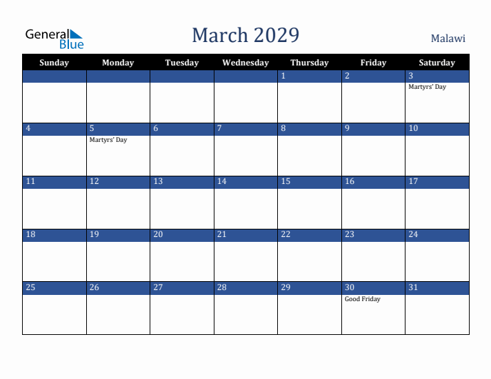 March 2029 Malawi Calendar (Sunday Start)