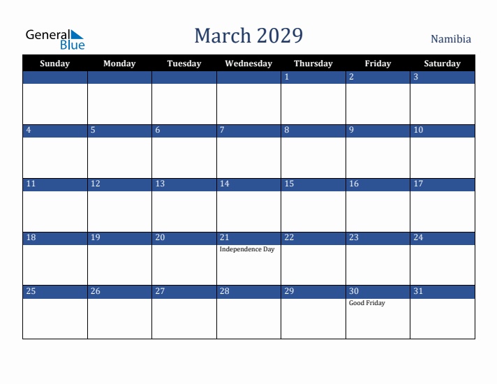 March 2029 Namibia Calendar (Sunday Start)