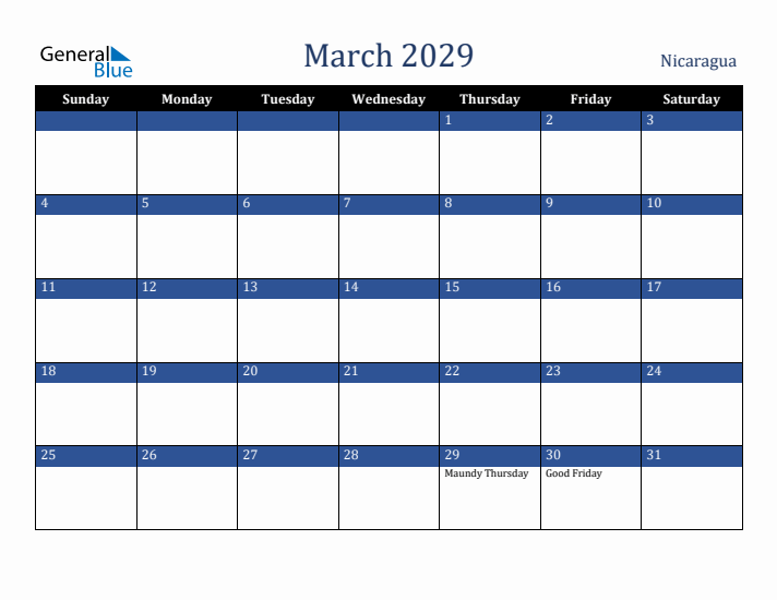 March 2029 Nicaragua Calendar (Sunday Start)