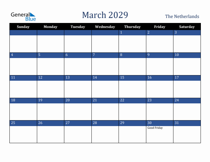 March 2029 The Netherlands Calendar (Sunday Start)