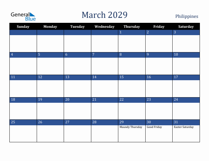 March 2029 Philippines Calendar (Sunday Start)