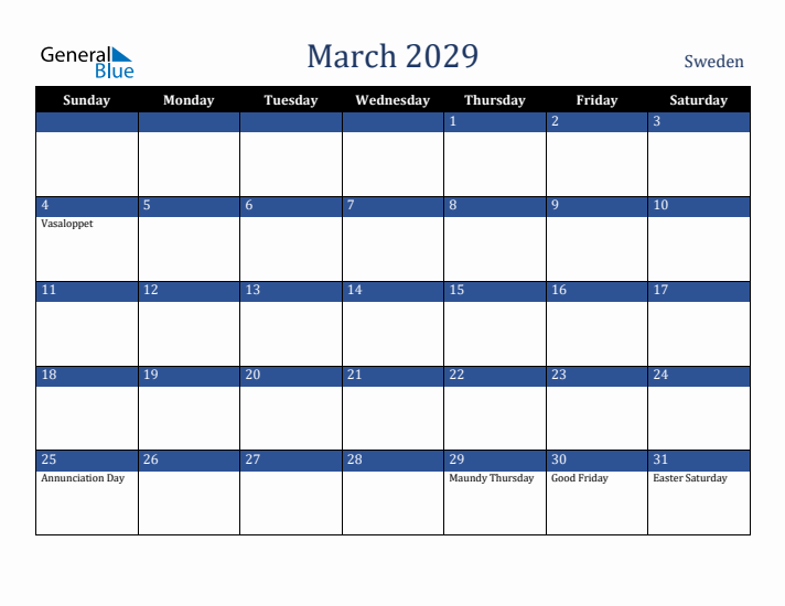 March 2029 Sweden Calendar (Sunday Start)