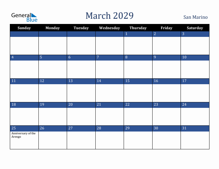 March 2029 San Marino Calendar (Sunday Start)