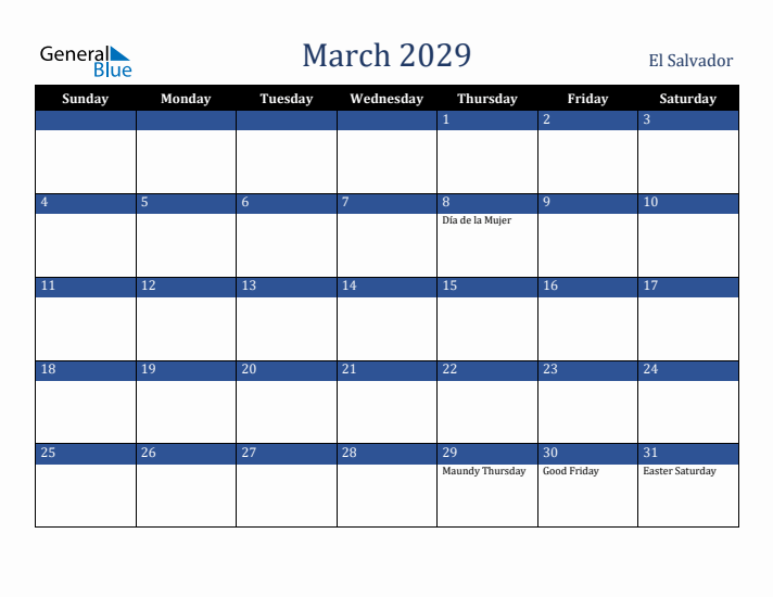 March 2029 El Salvador Calendar (Sunday Start)