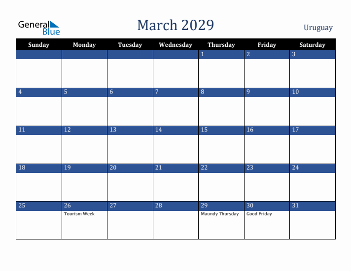 March 2029 Uruguay Calendar (Sunday Start)