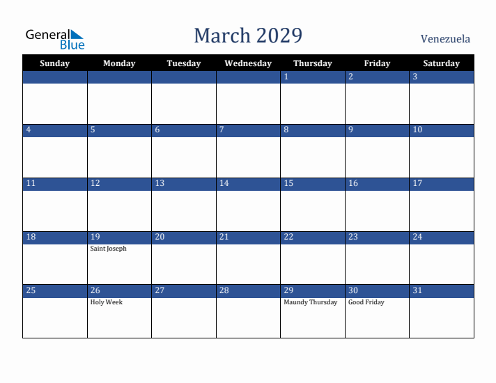 March 2029 Venezuela Calendar (Sunday Start)