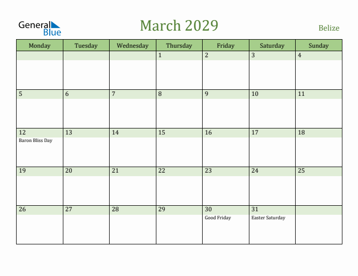 March 2029 Calendar with Belize Holidays