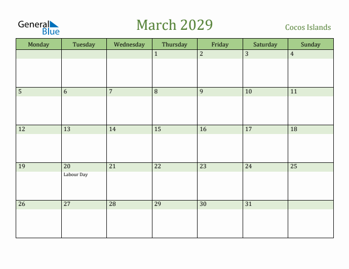 March 2029 Calendar with Cocos Islands Holidays