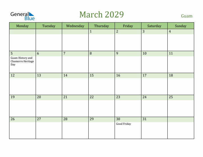 March 2029 Calendar with Guam Holidays