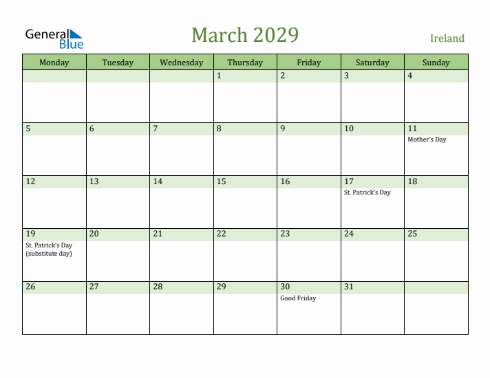 March 2029 Calendar with Ireland Holidays