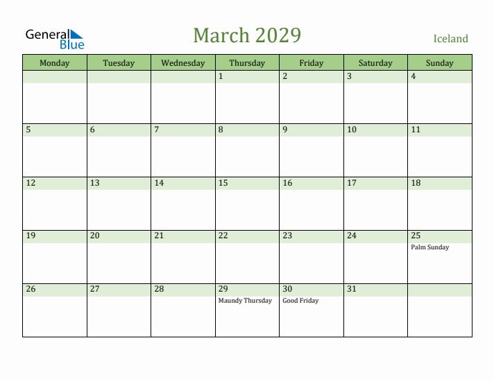 March 2029 Calendar with Iceland Holidays