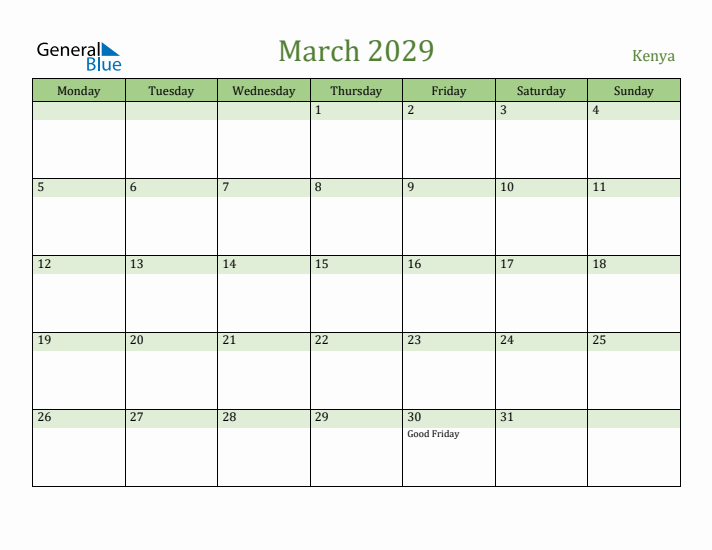 March 2029 Calendar with Kenya Holidays