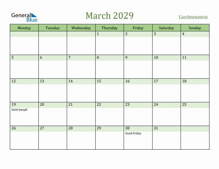 March 2029 Calendar with Liechtenstein Holidays
