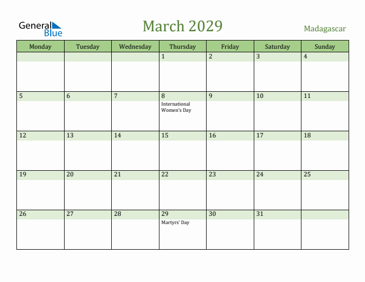 March 2029 Calendar with Madagascar Holidays