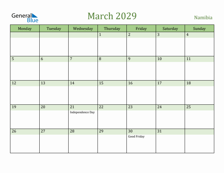 March 2029 Calendar with Namibia Holidays