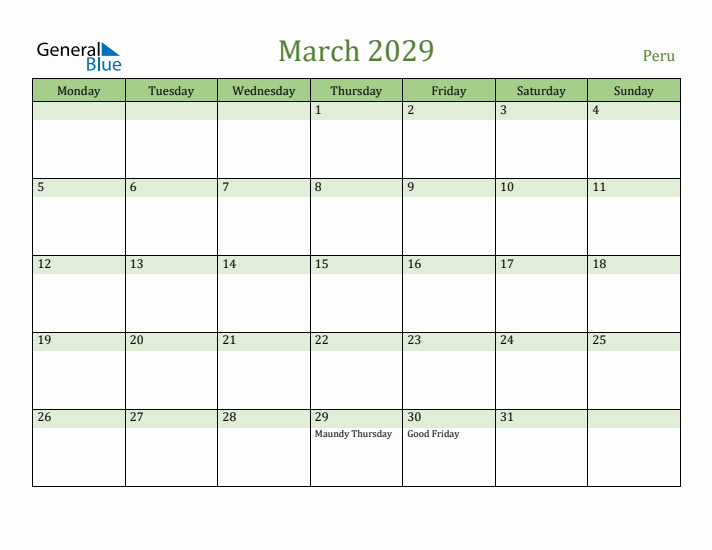 March 2029 Calendar with Peru Holidays