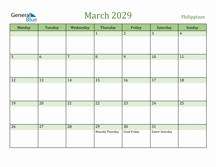 March 2029 Calendar with Philippines Holidays