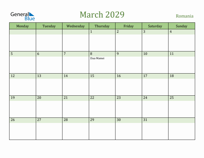 March 2029 Calendar with Romania Holidays