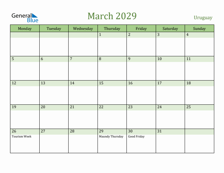 March 2029 Calendar with Uruguay Holidays