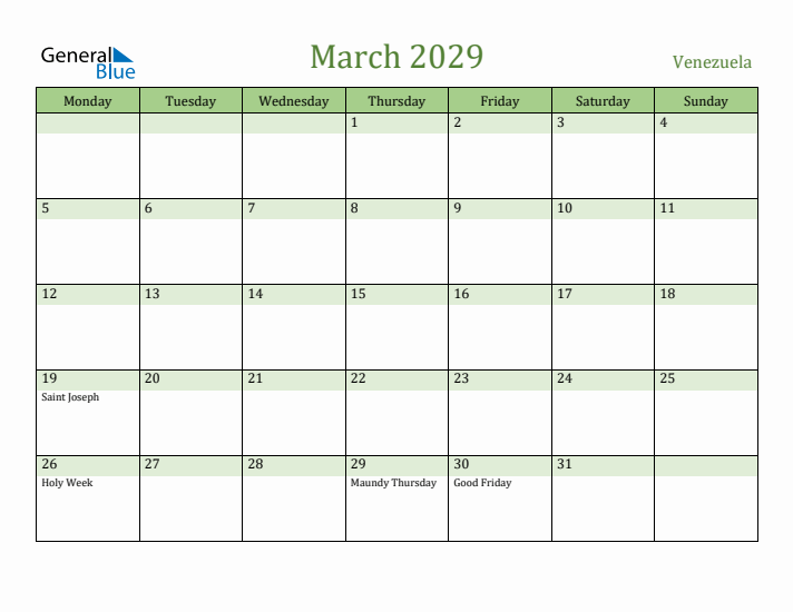 March 2029 Calendar with Venezuela Holidays