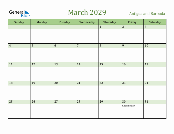 March 2029 Calendar with Antigua and Barbuda Holidays