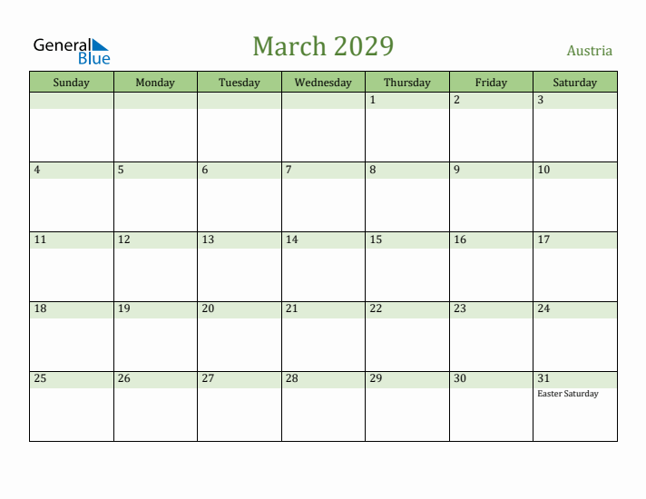 March 2029 Calendar with Austria Holidays