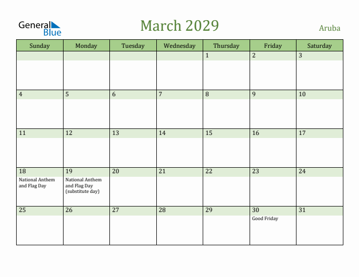 March 2029 Calendar with Aruba Holidays