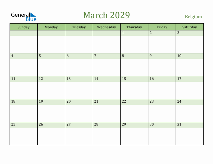 March 2029 Calendar with Belgium Holidays
