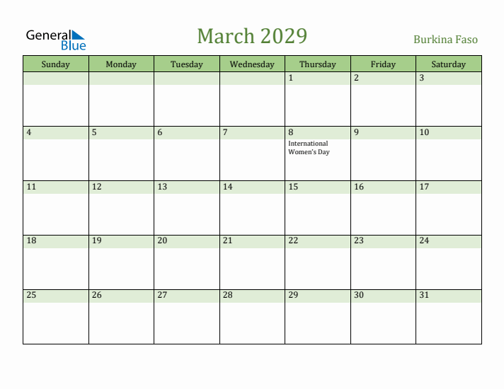 March 2029 Calendar with Burkina Faso Holidays