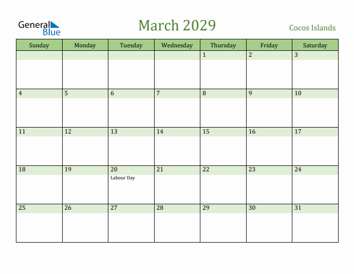 March 2029 Calendar with Cocos Islands Holidays